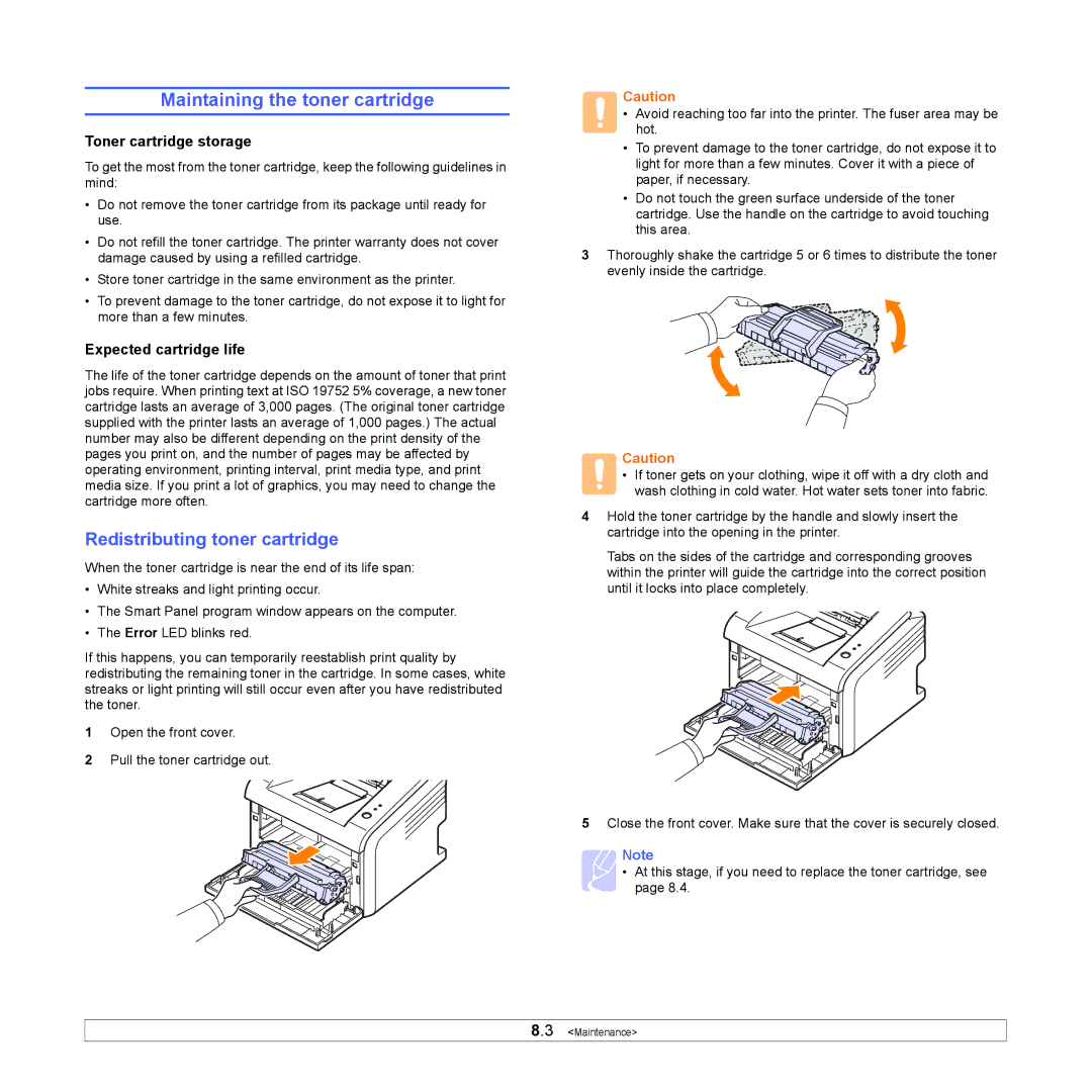 Samsung ML-2510, ML-2570 manual Maintaining the toner cartridge, Redistributing toner cartridge, Toner cartridge storage 