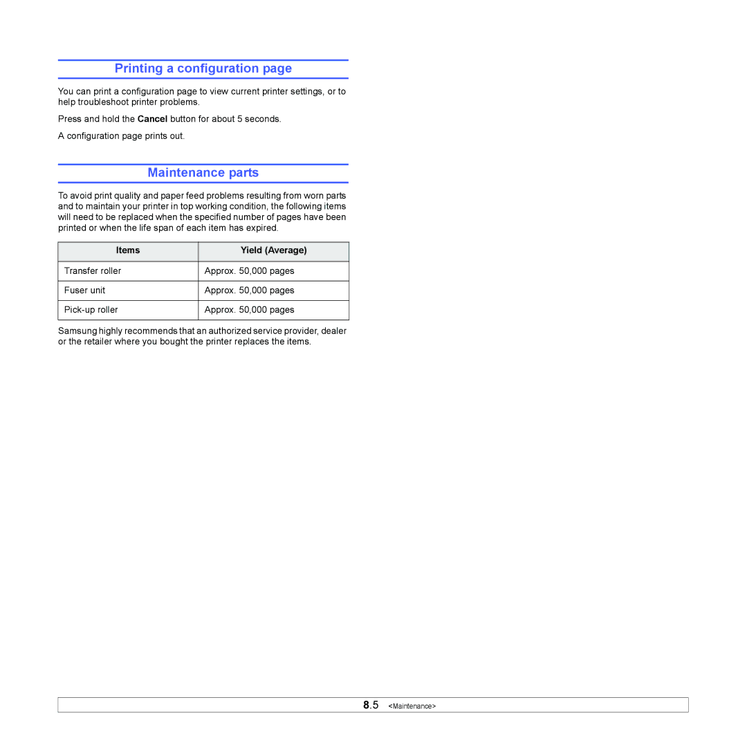 Samsung ML-2510, ML-2570 manual Printing a configuration, Maintenance parts, Items Yield Average 