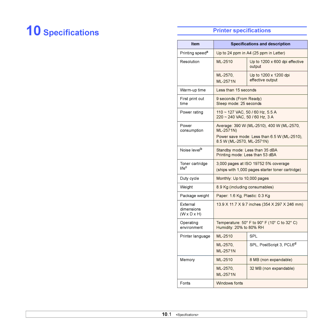 Samsung ML-2570, ML-2510 manual Printer specifications, Specifications and description 