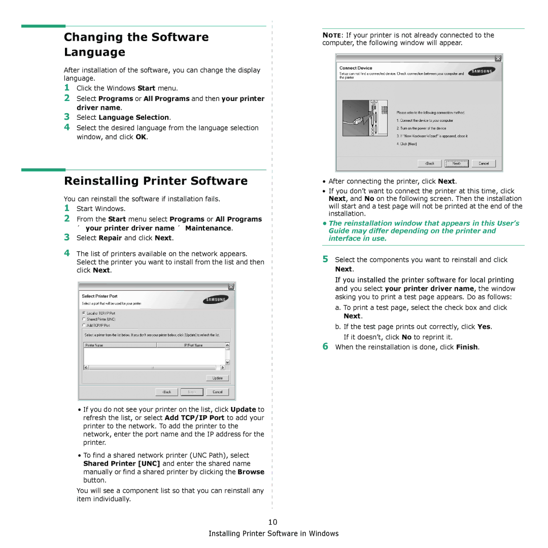 Samsung ML-2510, ML-2570 manual Changing the Software Language, Reinstalling Printer Software 