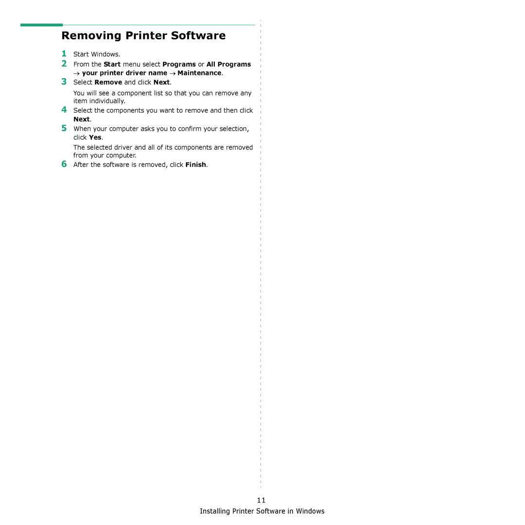 Samsung ML-2570, ML-2510 manual Removing Printer Software, Next 