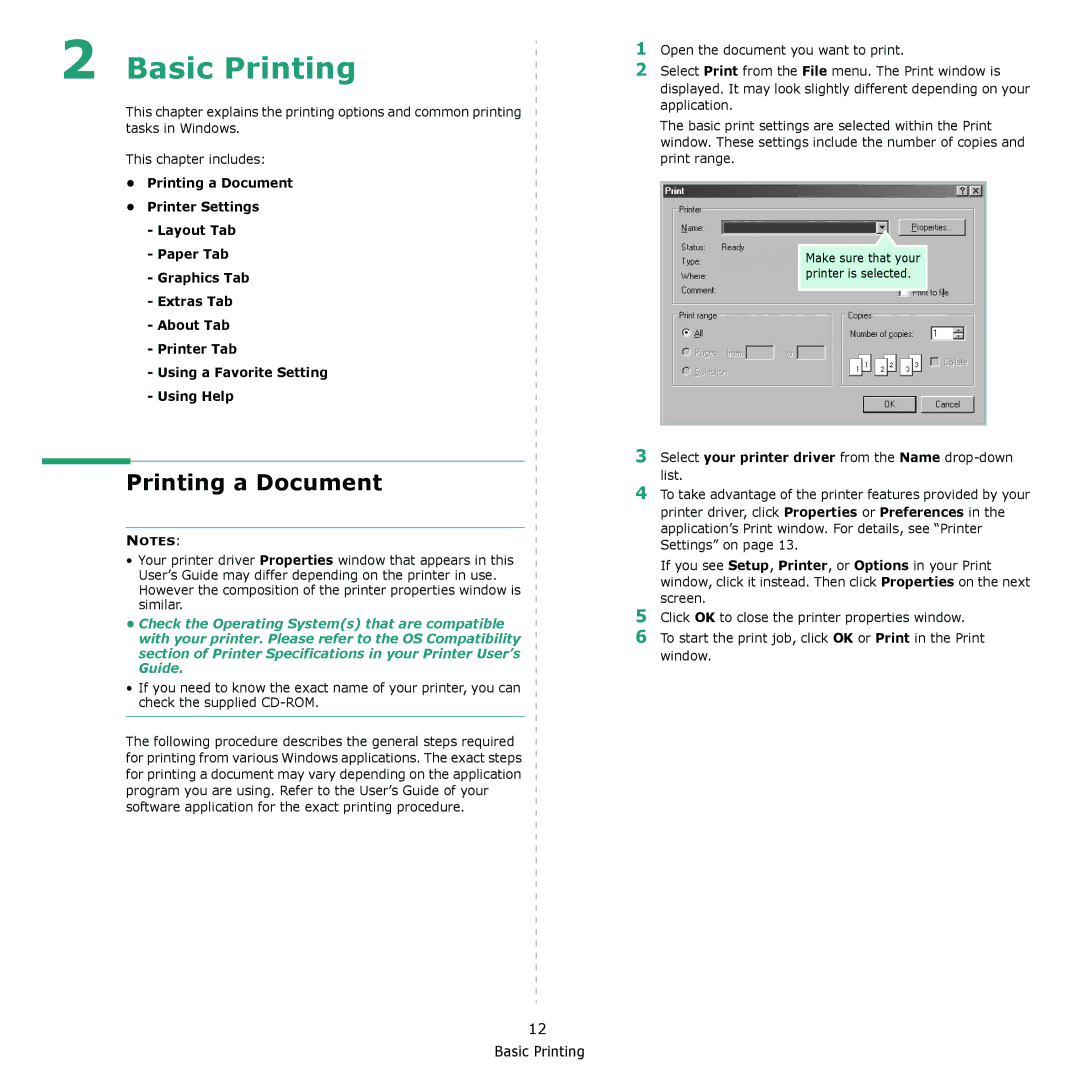 Samsung ML-2510, ML-2570 manual Printing a Document, Select your printer driver from the Name drop-down list 