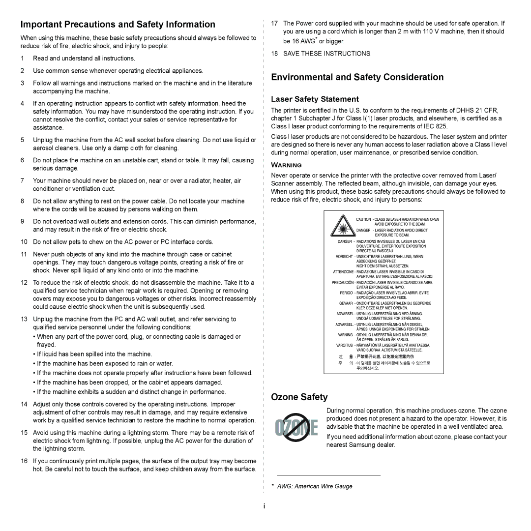 Samsung ML-2510, ML-2570 manual Important Precautions and Safety Information 