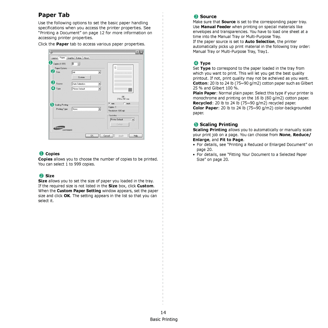 Samsung ML-2510, ML-2570 manual Paper Tab, Source, Scaling Printing 