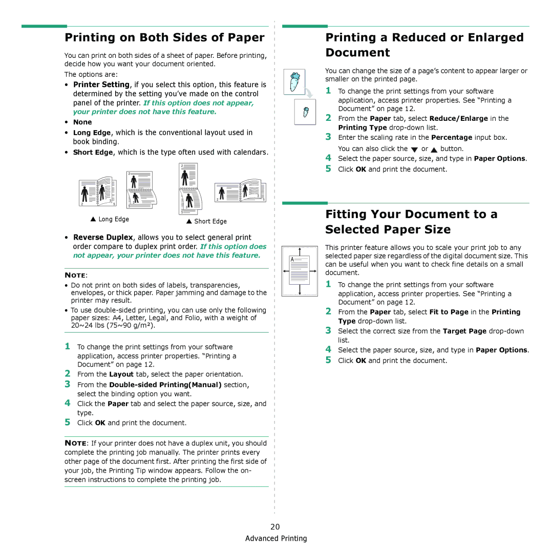 Samsung ML-2510, ML-2570 manual Printing on Both Sides of Paper, Printing a Reduced or Enlarged Document, None 