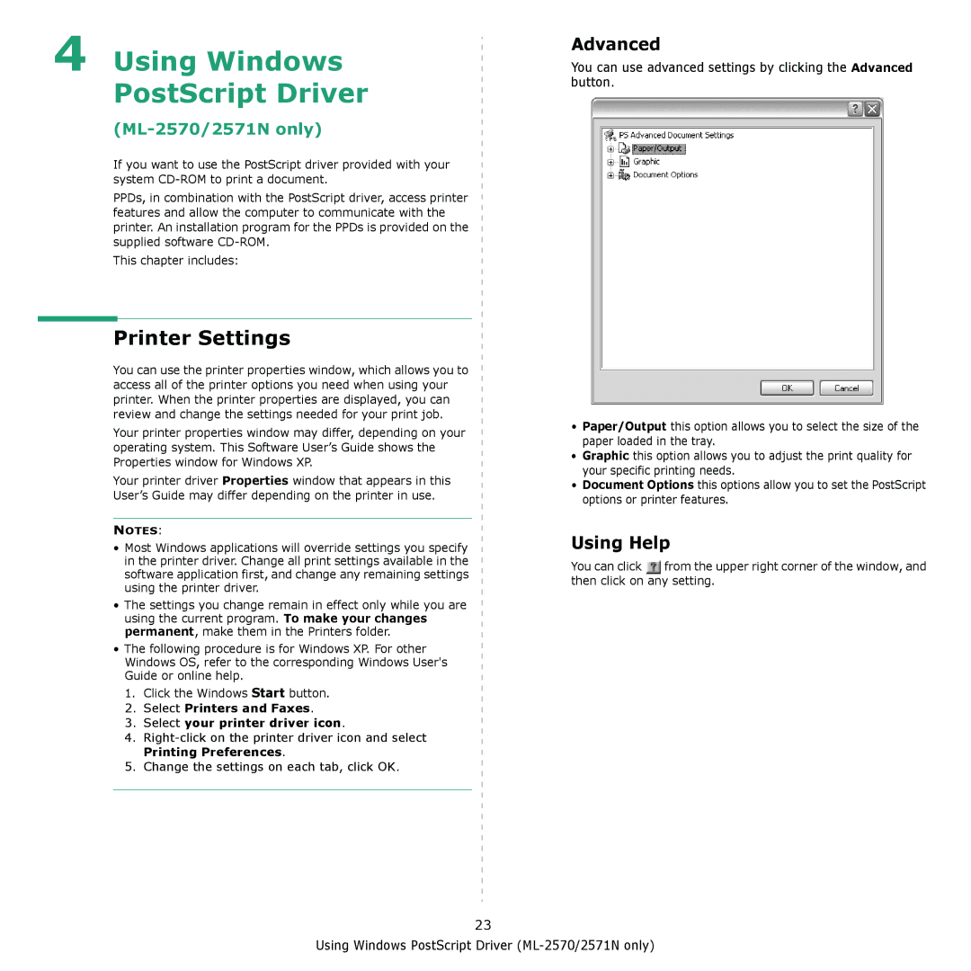 Samsung ML-2570, ML-2510 manual Using Windows PostScript Driver, Advanced 