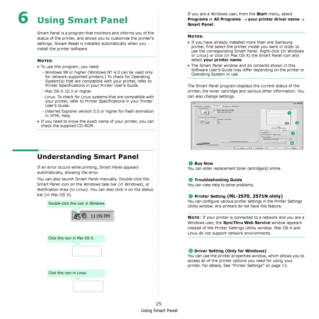 Samsung ML-2510 manual Understanding Smart Panel, Printer Setting ML-2570, 2571N olnly, Buy Now, Troubleshooting Guide 