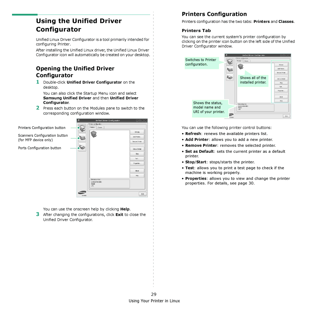 Samsung ML-2570 Using the Unified Driver Configurator, Printers Configuration, Opening the Unified Driver Configurator 