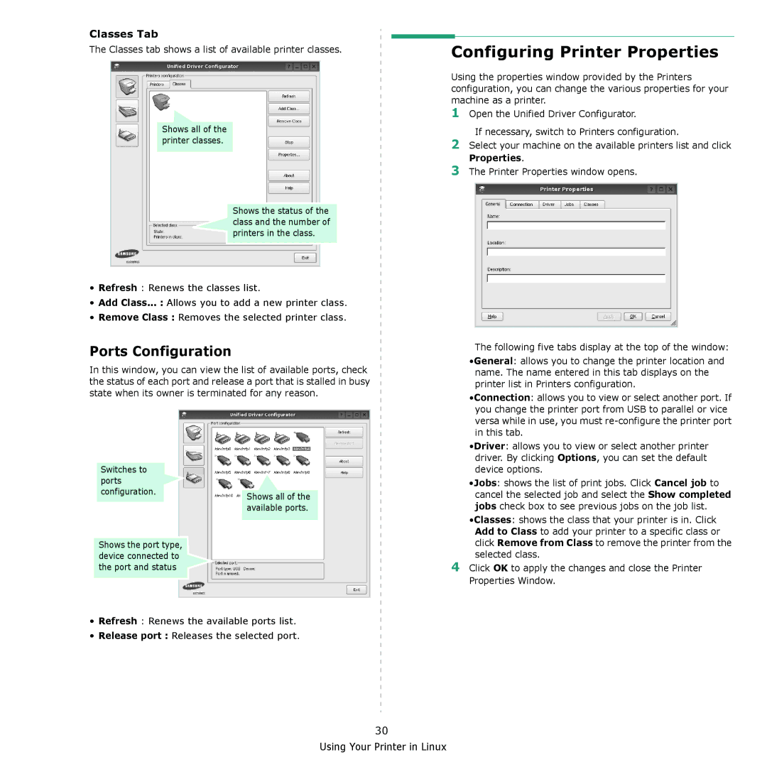 Samsung ML-2510, ML-2570 manual Configuring Printer Properties, Ports Configuration, Classes Tab 