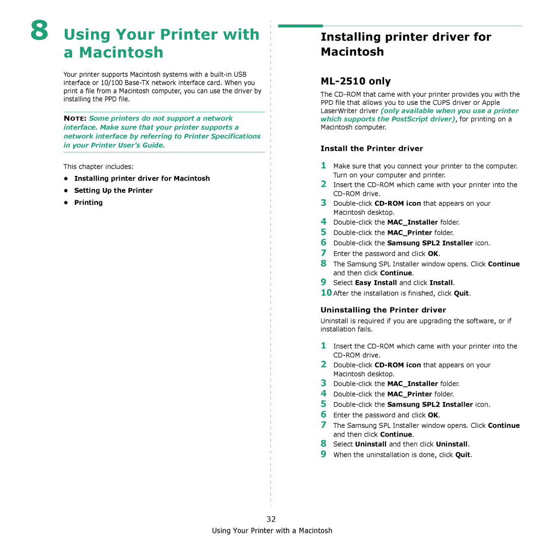 Samsung ML-2570 manual Installing printer driver for Macintosh, ML-2510 only, Install the Printer driver 