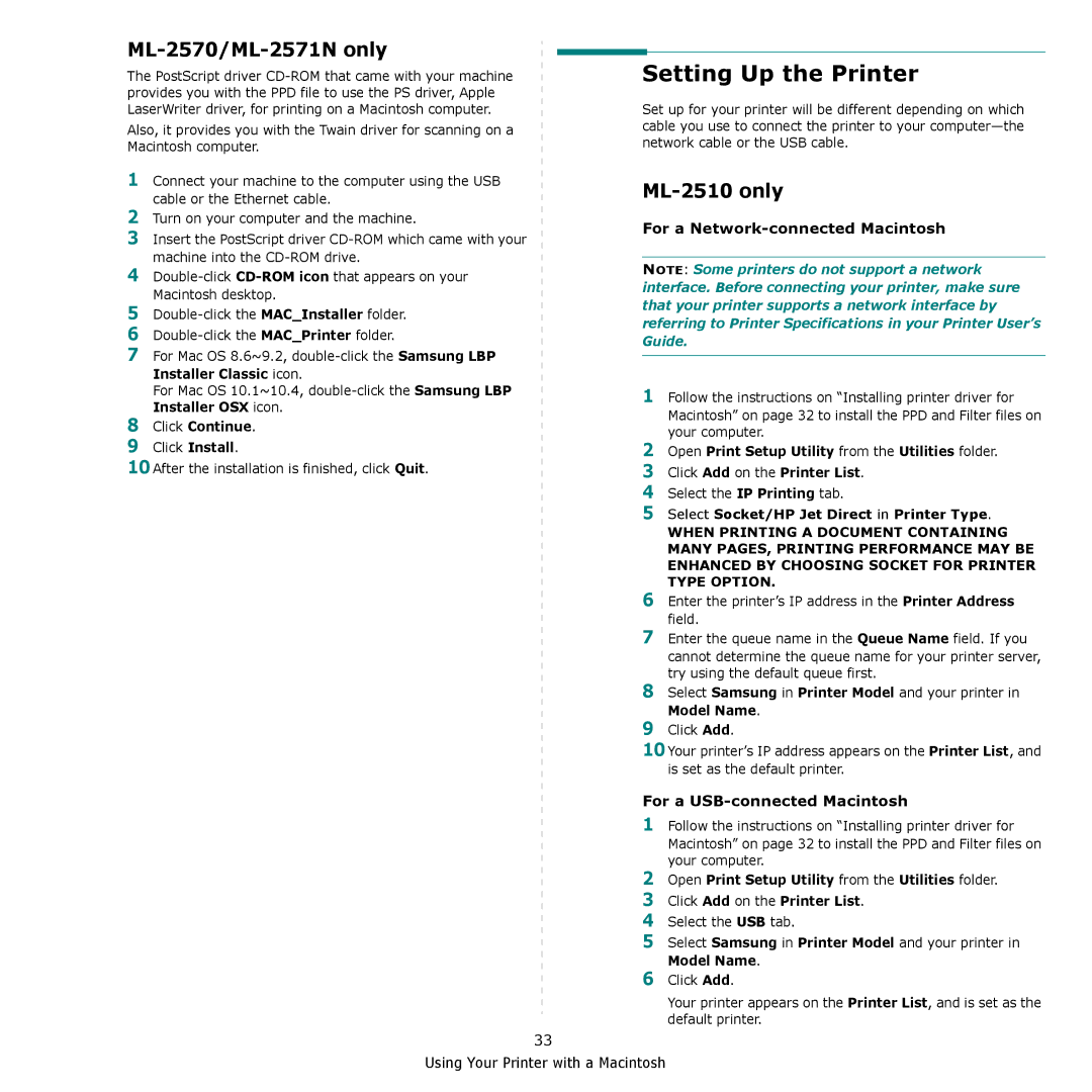 Samsung Setting Up the Printer, ML-2570/ML-2571N only, For a Network-connected Macintosh, For a USB-connected Macintosh 