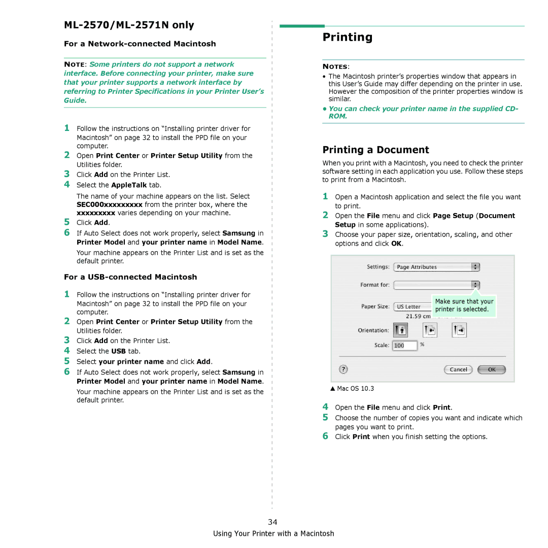 Samsung ML-2510, ML-2570 manual Printing a Document, Select your printer name and click Add 