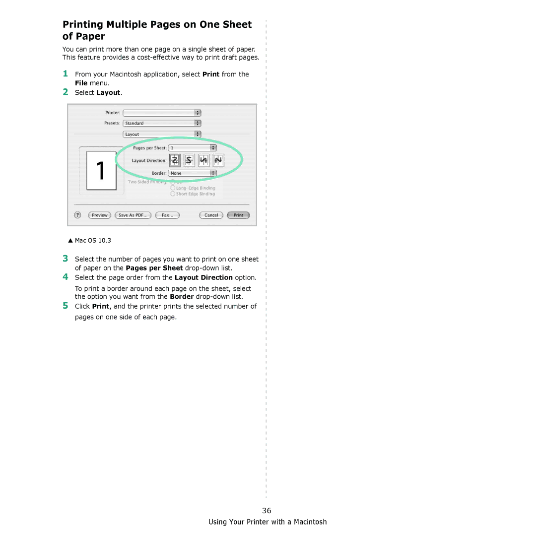 Samsung ML-2510 Printing Multiple Pages on One Sheet of Paper, Select the page order from the Layout Direction option 