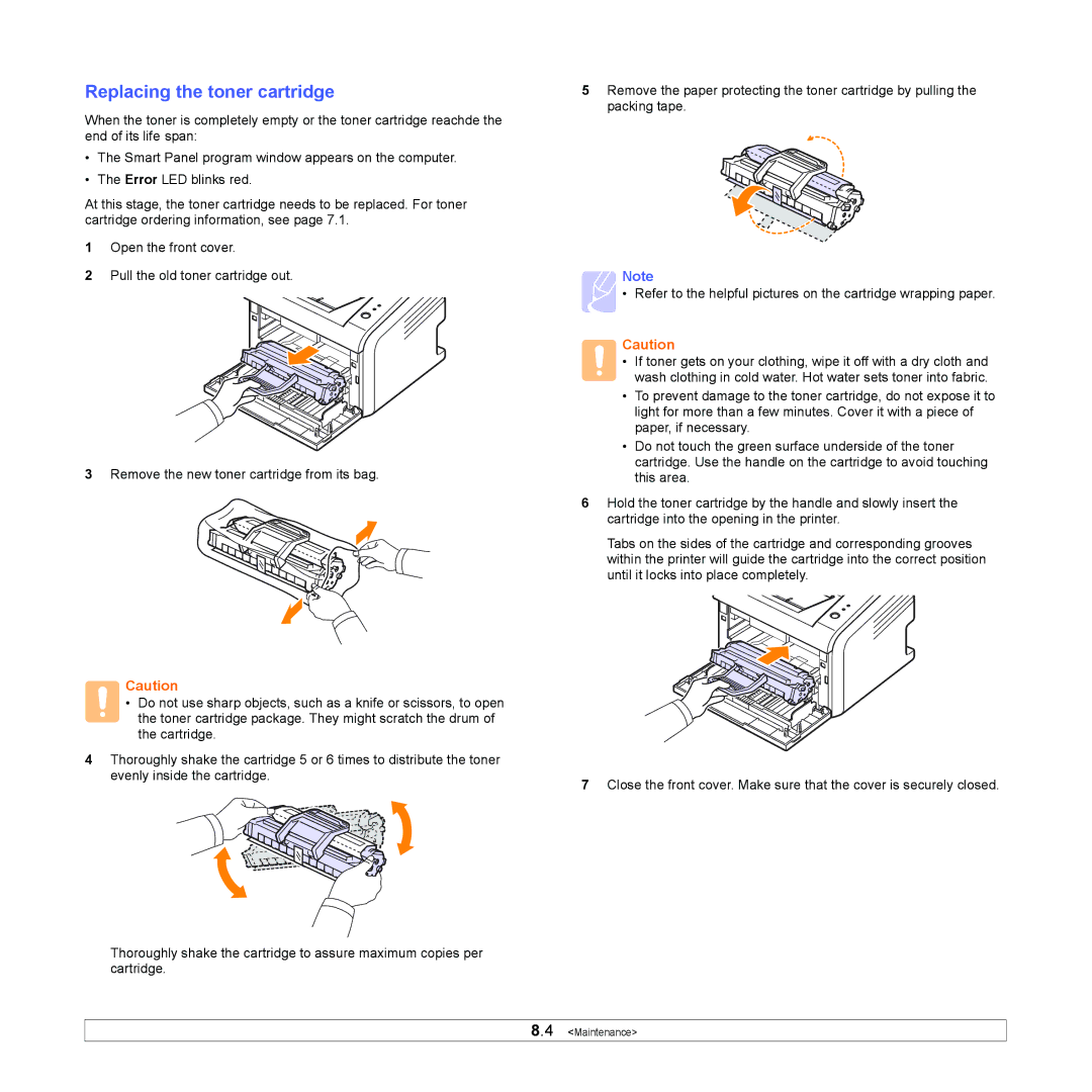 Samsung ML-2510 Series manual Replacing the toner cartridge 