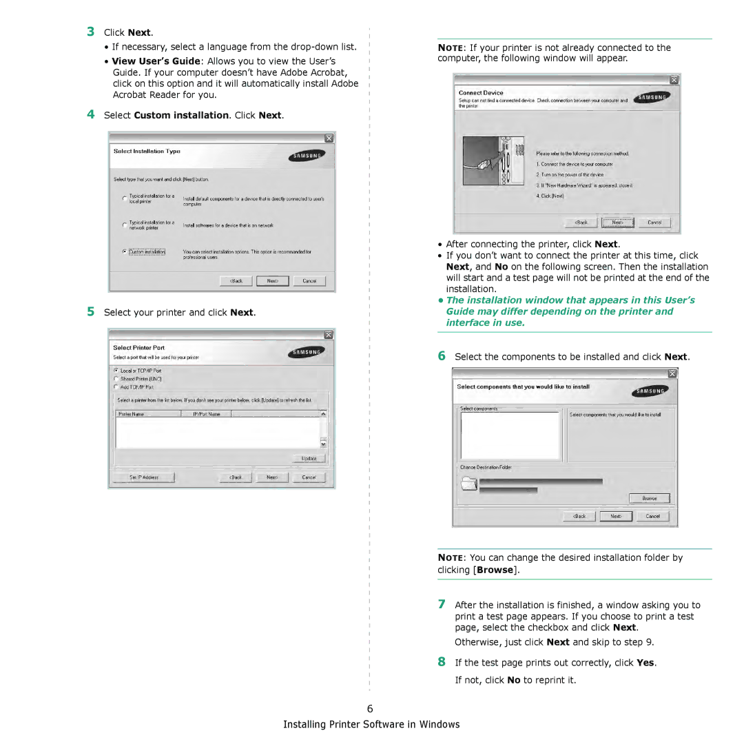 Samsung ML-2510 Series manual Select Custom installation. Click Next, Select the components to be installed and click Next 