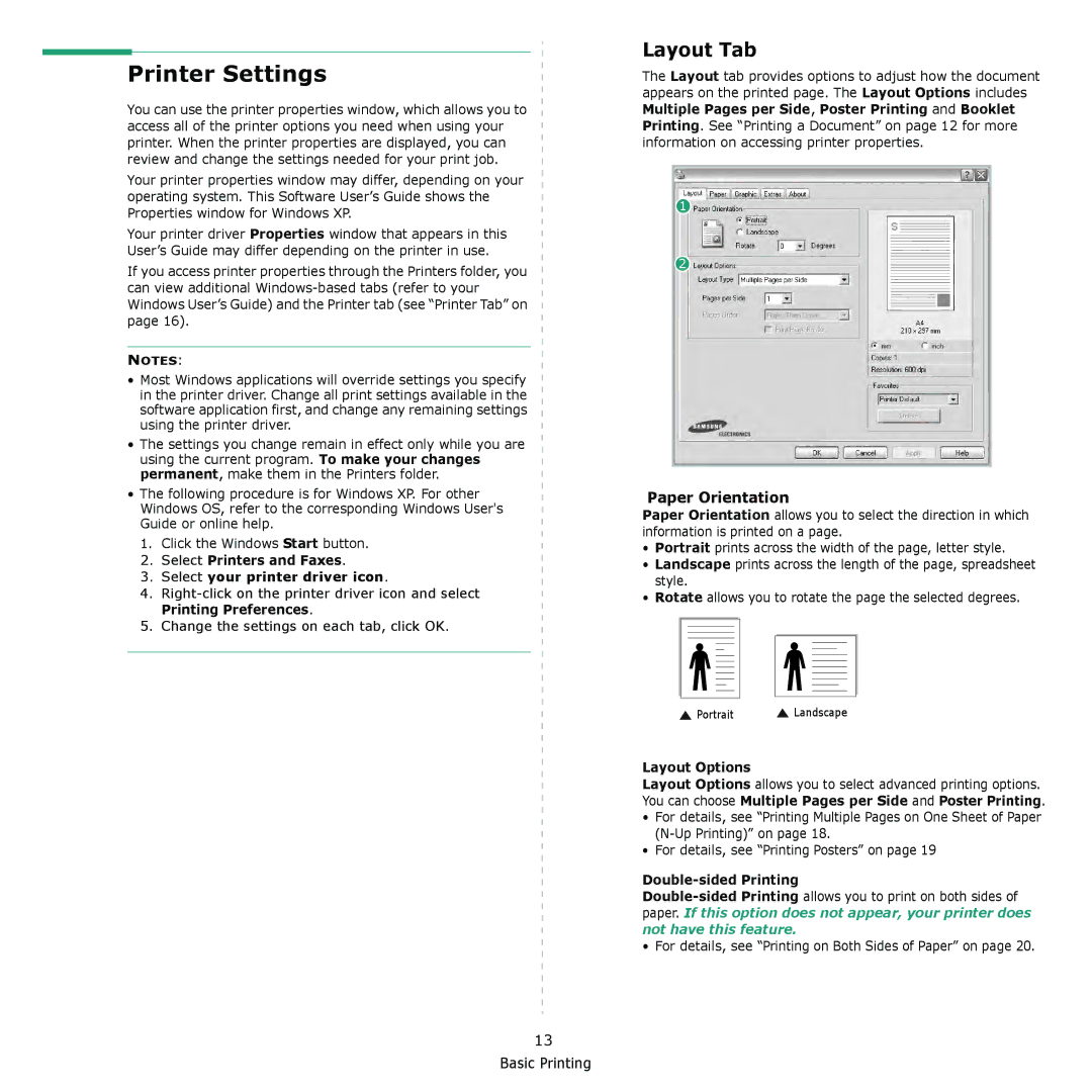 Samsung ML-2510 Series manual Printer Settings, Layout Tab, Paper Orientation 