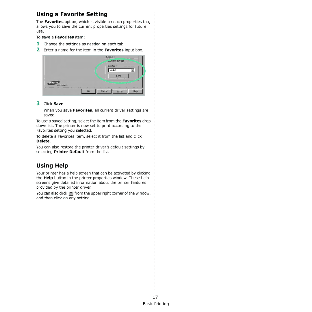 Samsung ML-2510 Series manual Using a Favorite Setting, Using Help 