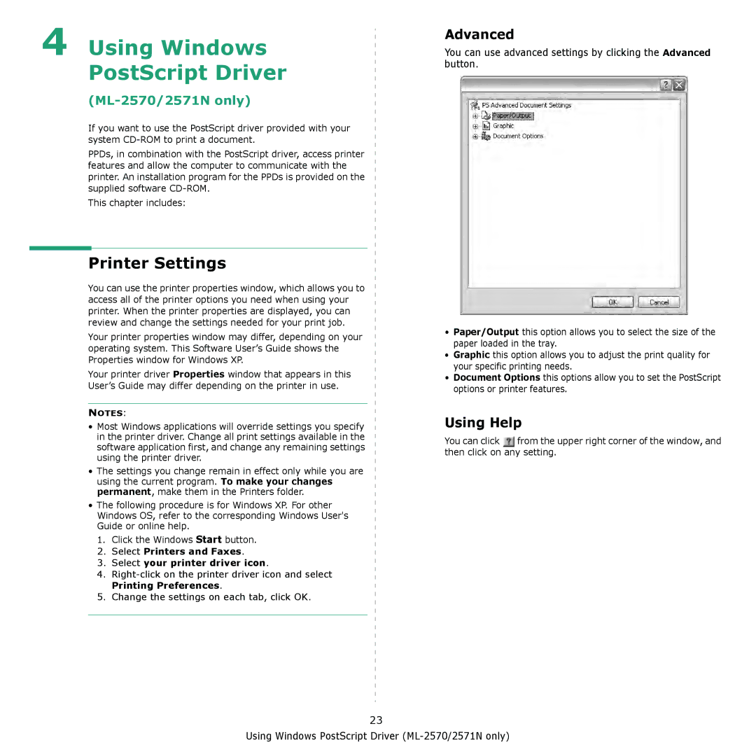 Samsung ML-2510 Series manual Using Windows PostScript Driver, Advanced 