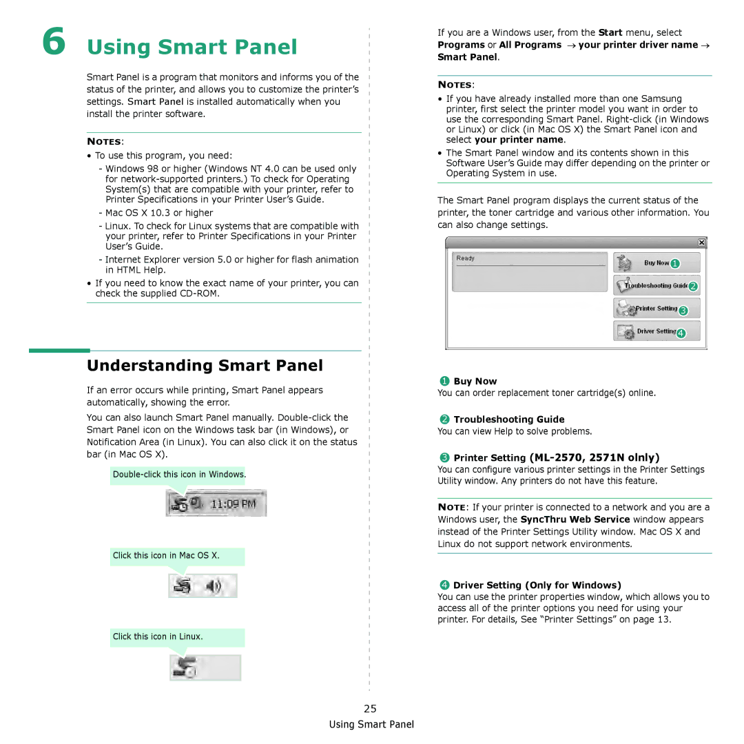 Samsung ML-2510 Series Understanding Smart Panel, Printer Setting ML-2570, 2571N olnly, Buy Now, Troubleshooting Guide 