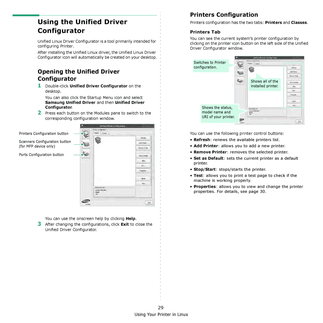 Samsung ML-2510 Series manual Using the Unified Driver Configurator, Printers Configuration, Printers Tab 