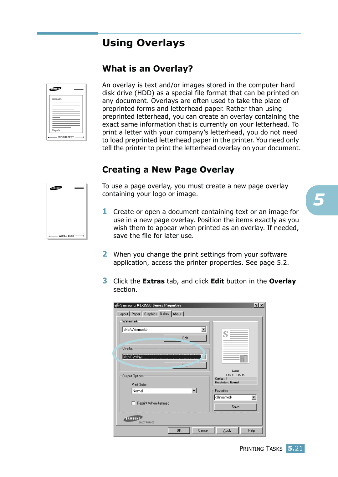 Samsung ML-2550 Series manual Using Overlays, What is an Overlay?, Creating a New Page Overlay 