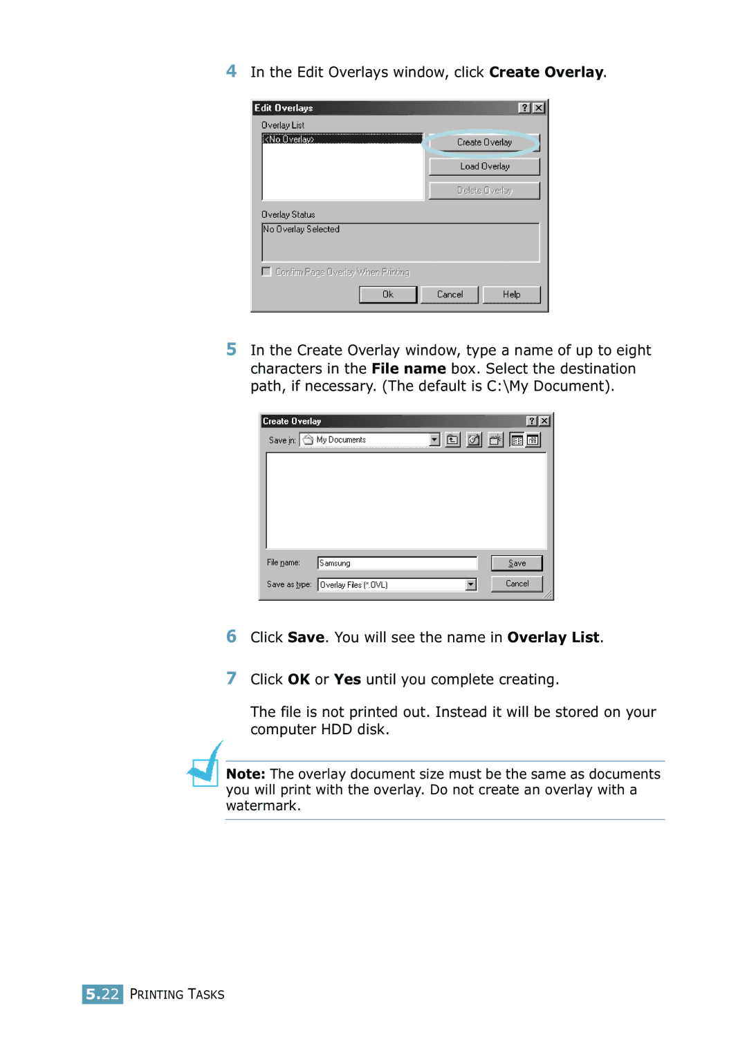 Samsung ML-2550 Series manual Edit Overlays window, click Create Overlay 