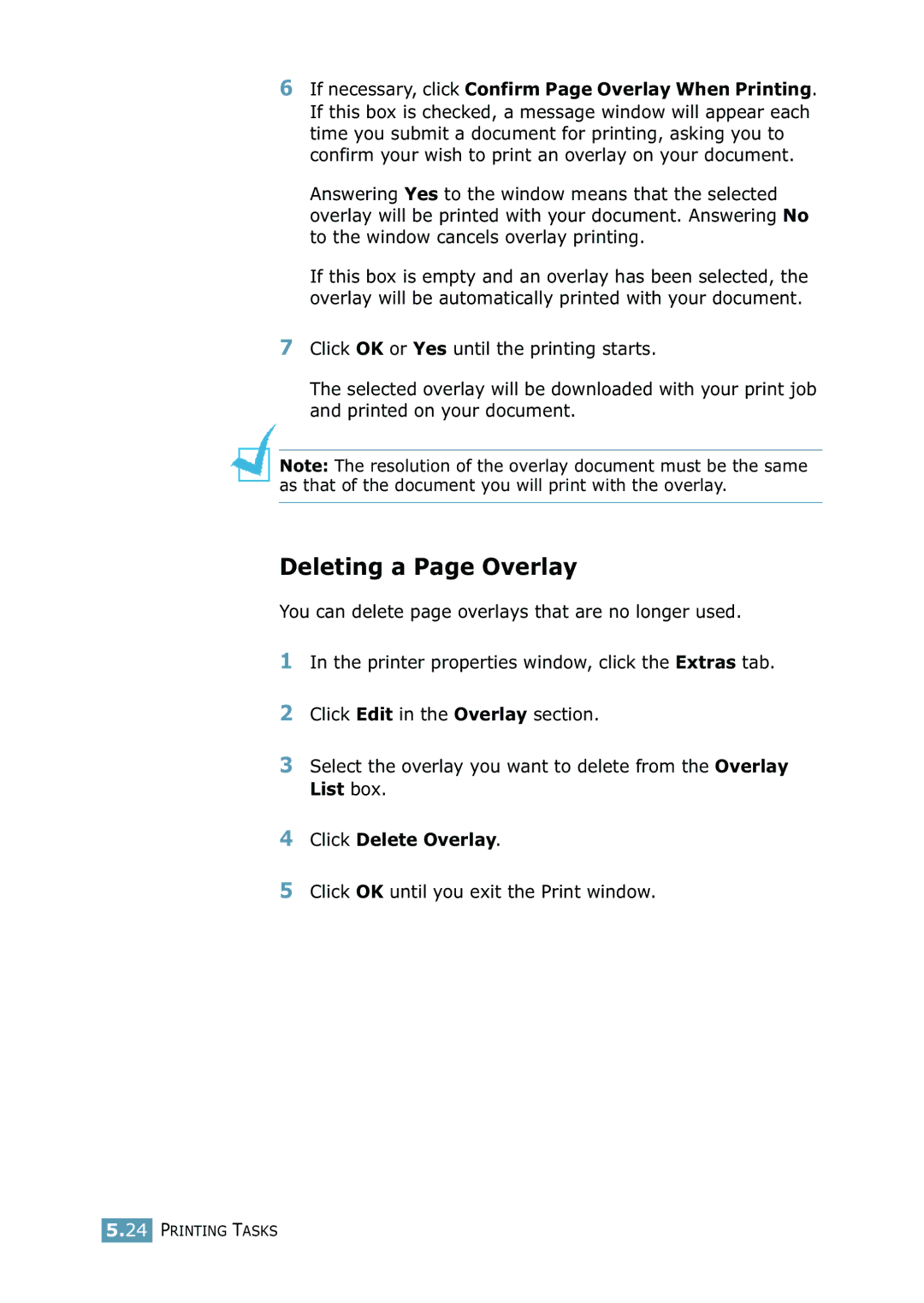 Samsung ML-2550 Series manual Deleting a Page Overlay, Click Delete Overlay, Click OK until you exit the Print window 