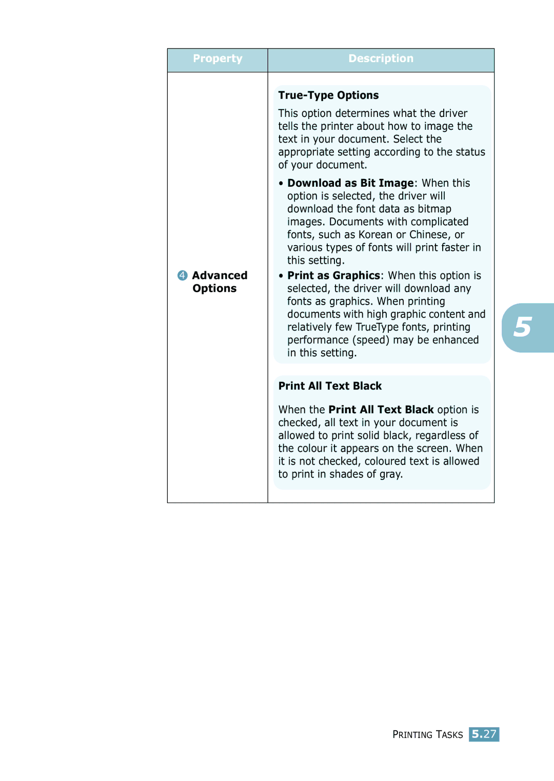 Samsung ML-2550 Series manual True-Type Options, Download as Bit Image When this, Advanced, Print All Text Black 