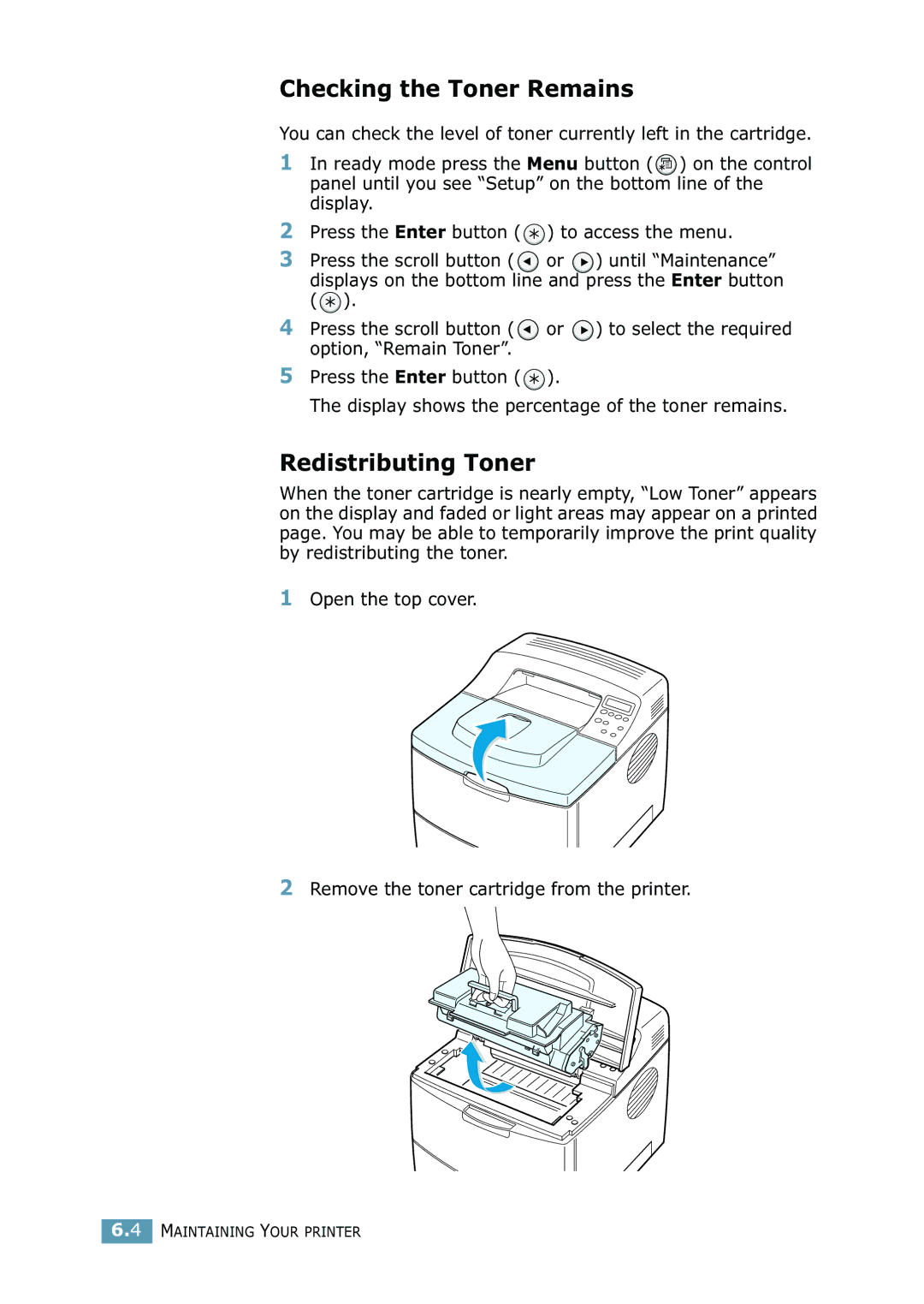 Samsung ML-2550 Series manual Checking the Toner Remains, Redistributing Toner 