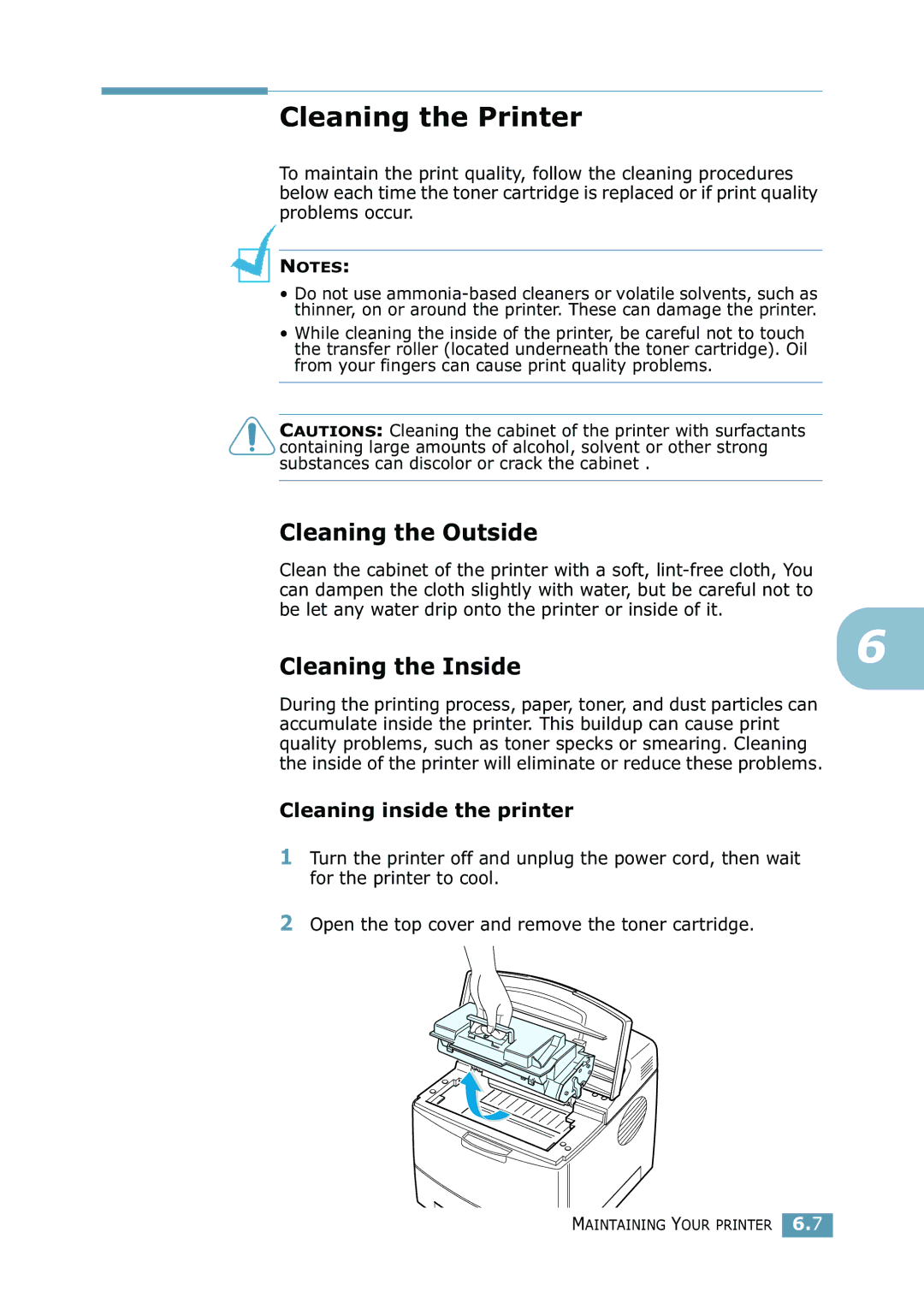 Samsung ML-2550 Series manual Cleaning the Printer, Cleaning the Outside, Cleaning the Inside, Cleaning inside the printer 