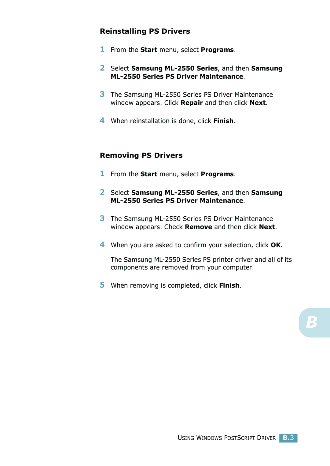 Samsung ML-2550 Series manual Reinstalling PS Drivers, Removing PS Drivers 