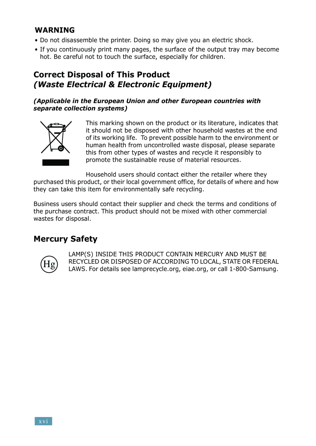 Samsung ML-2550 Series manual Correct Disposal of This Product, Mercury Safety 