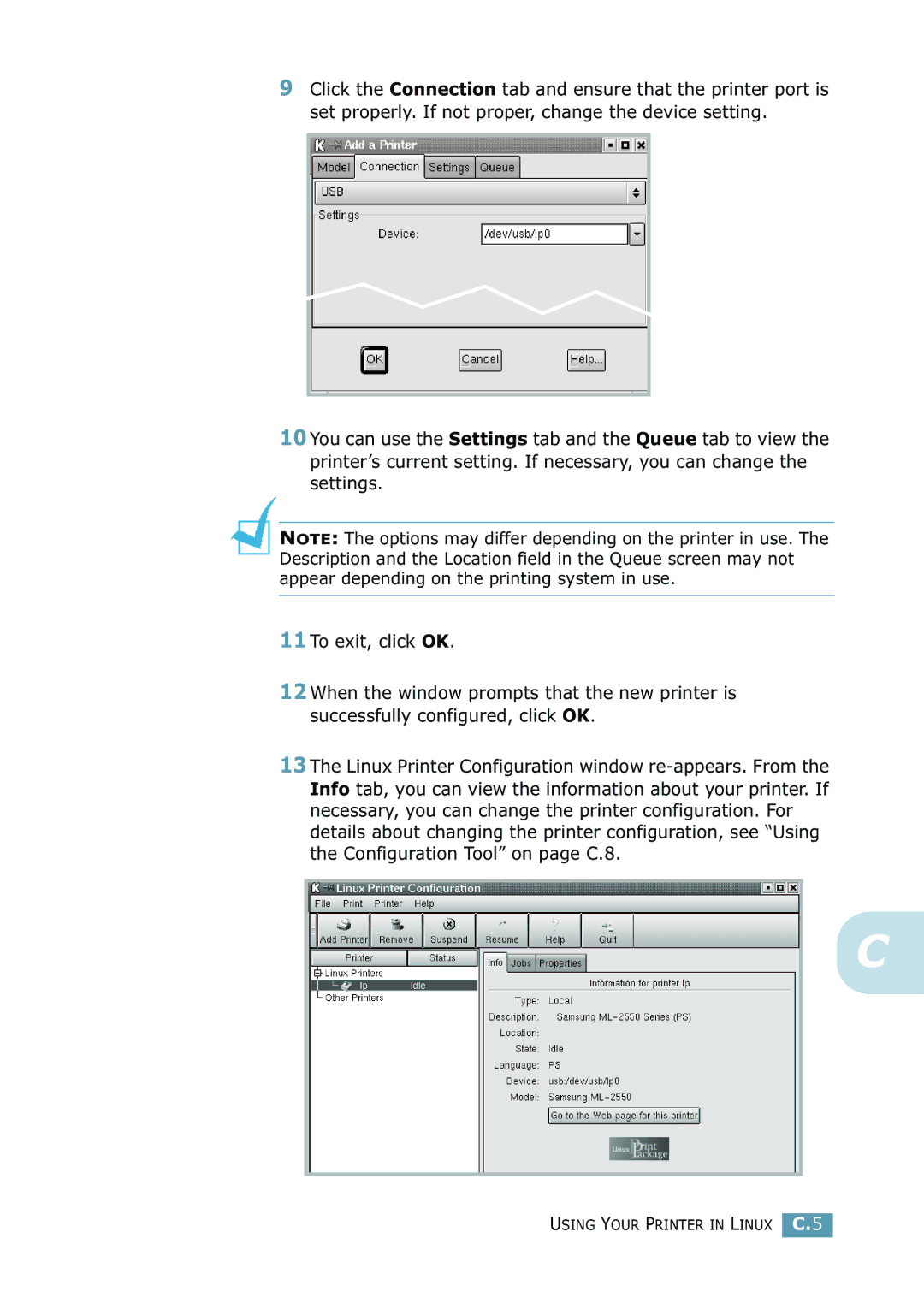 Samsung ML-2550 Series manual Using Your Printer in Linux C.5 