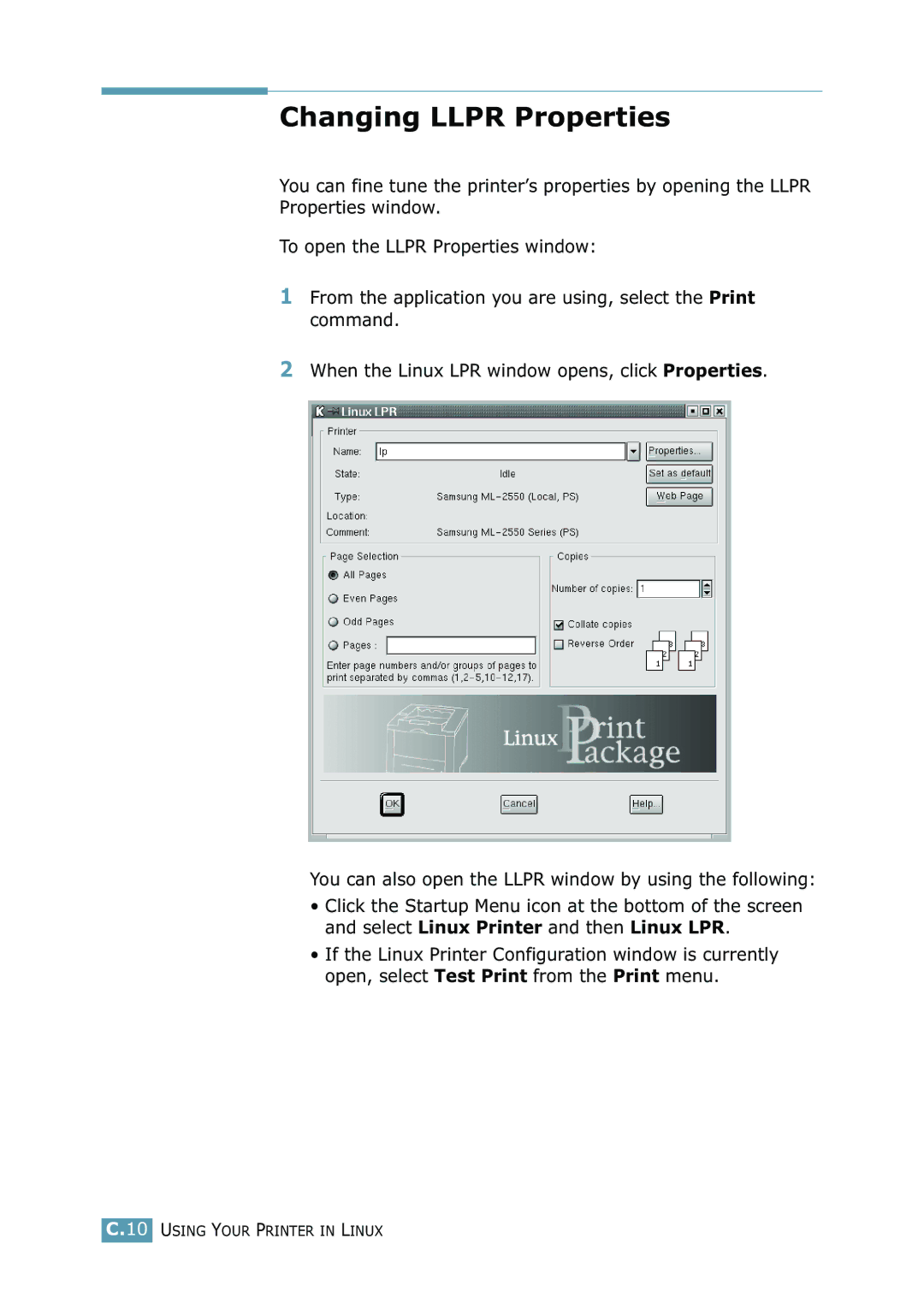 Samsung ML-2550 Series manual Changing Llpr Properties 