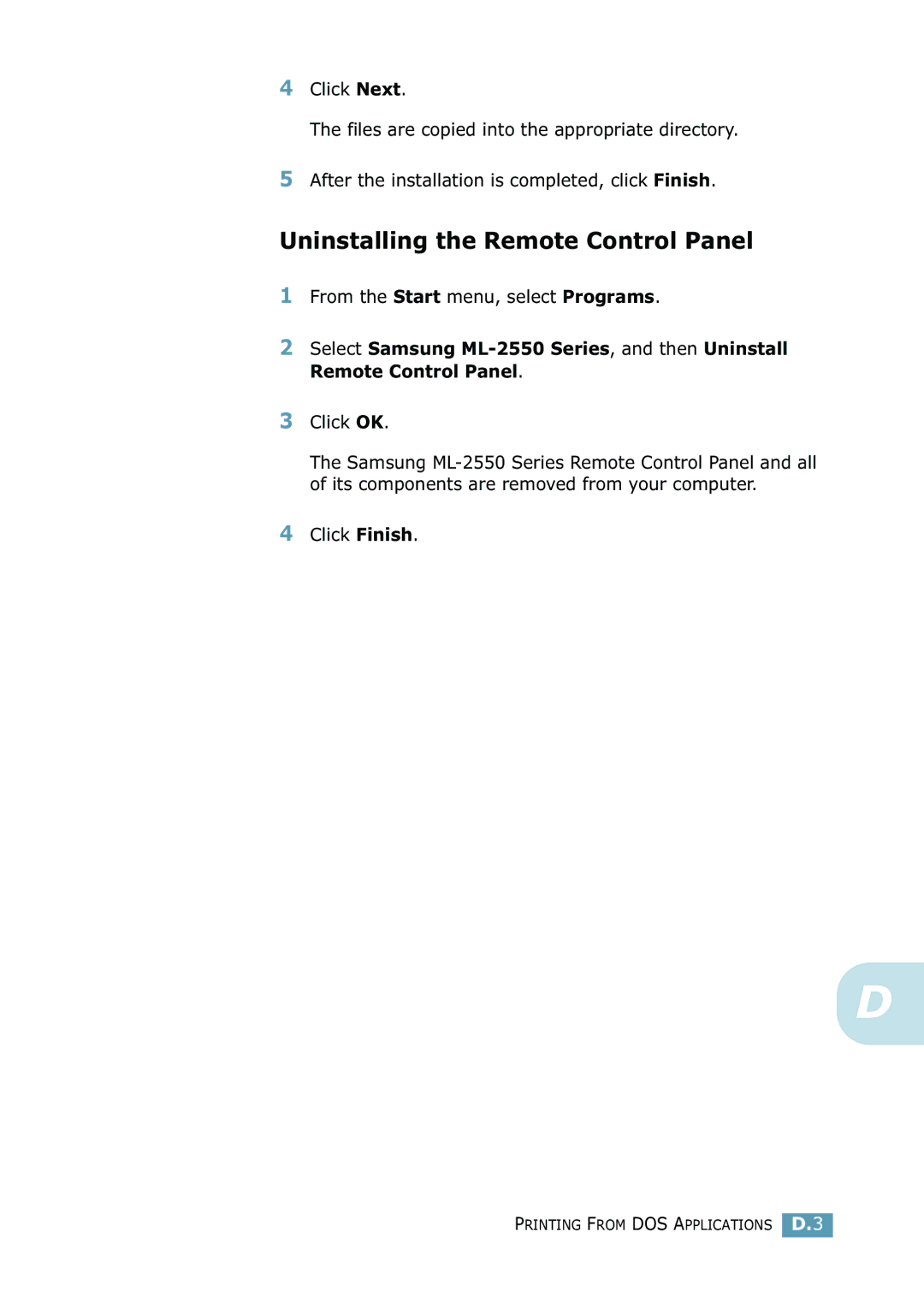 Samsung ML-2550 Series manual Uninstalling the Remote Control Panel, From the Start menu, select Programs 