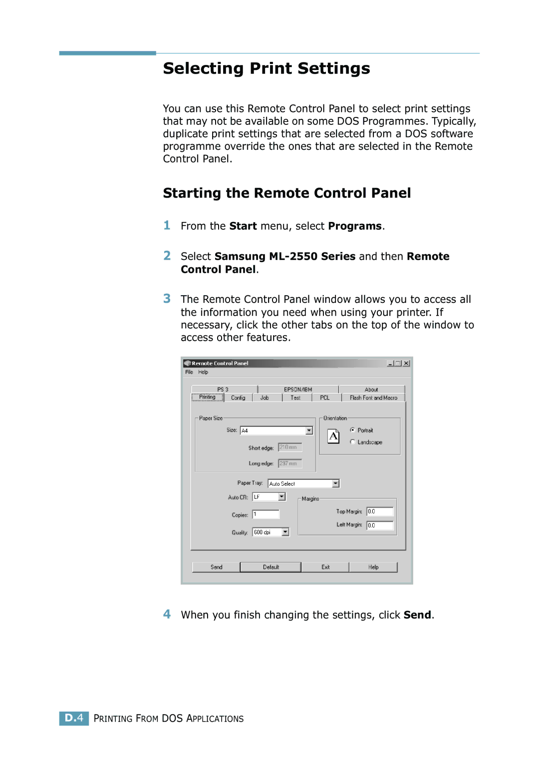 Samsung ML-2550 Series manual Selecting Print Settings, Starting the Remote Control Panel 