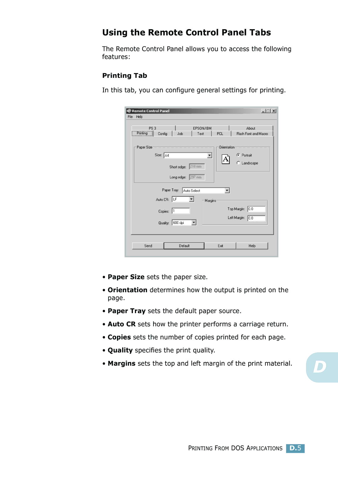 Samsung ML-2550 Series manual Using the Remote Control Panel Tabs, Printing Tab 