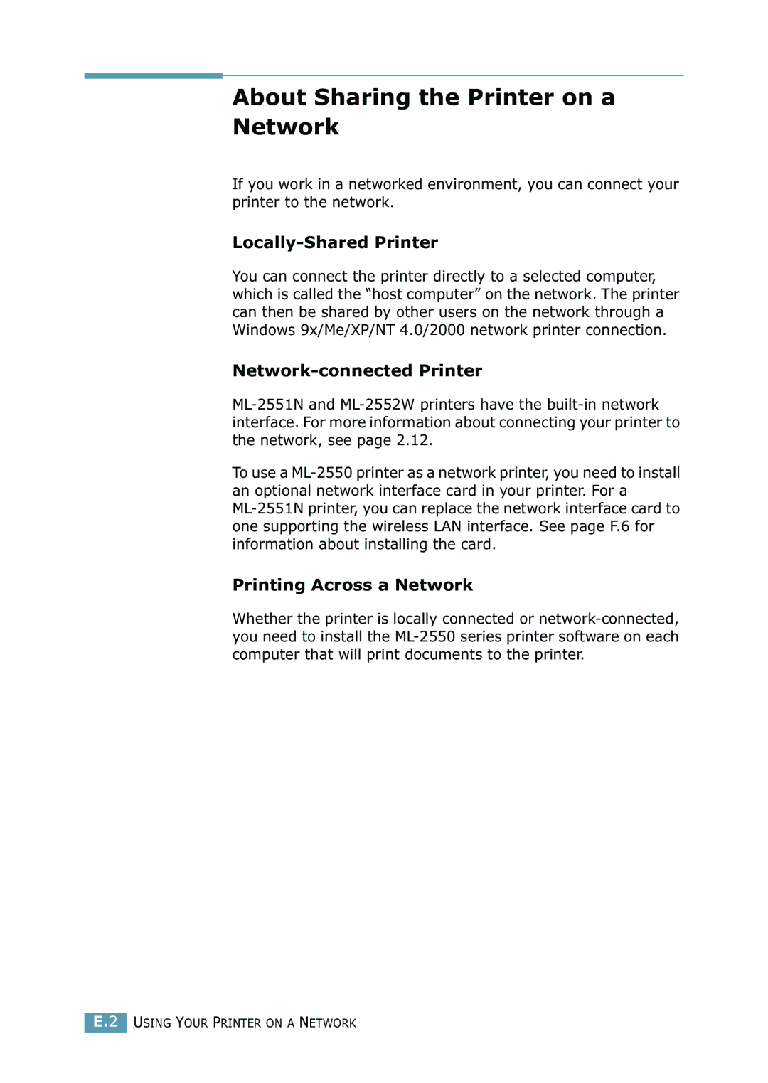 Samsung ML-2550 Series manual About Sharing the Printer on a Network, Locally-Shared Printer, Network-connected Printer 