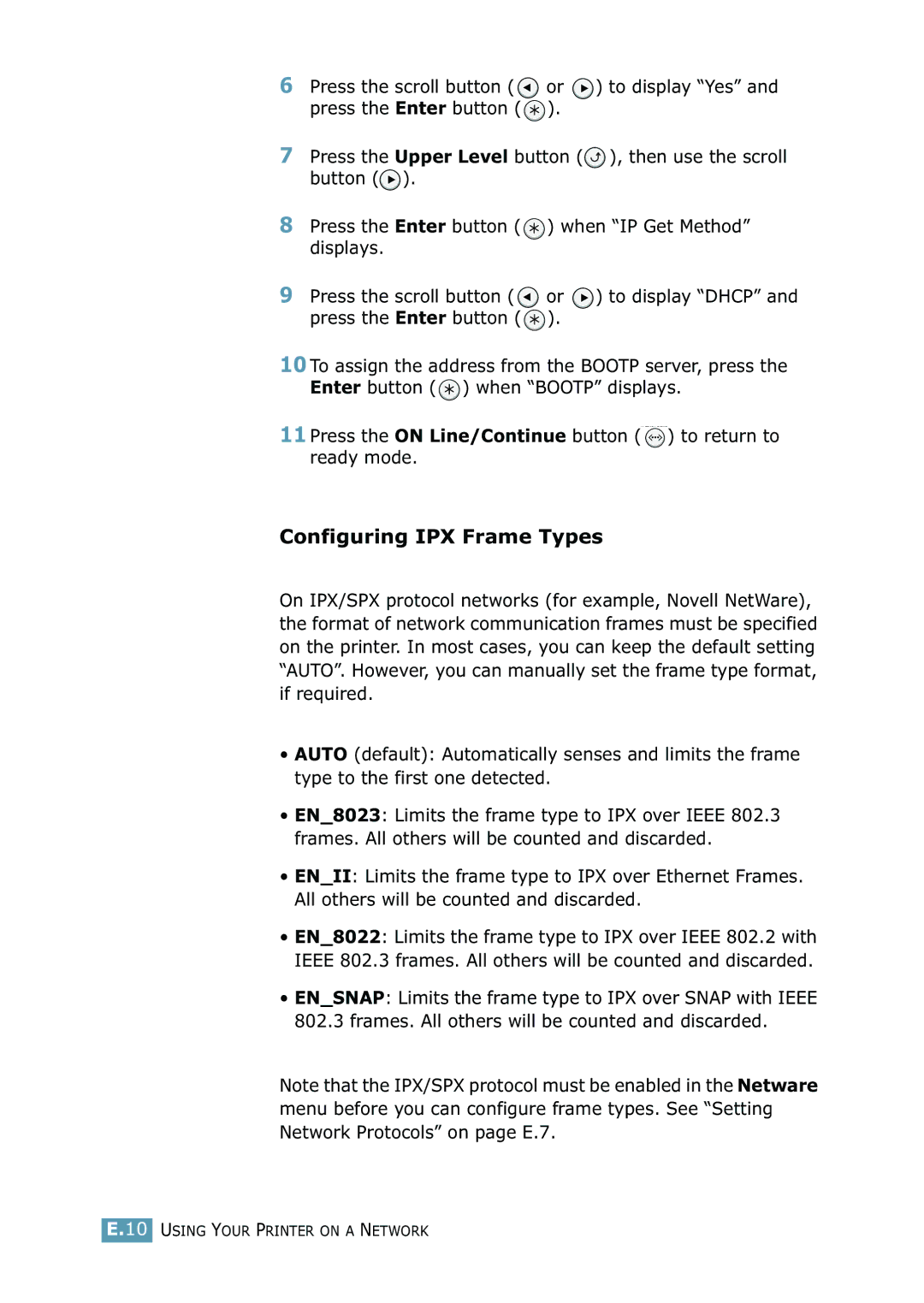 Samsung ML-2550 Series manual Configuring IPX Frame Types 