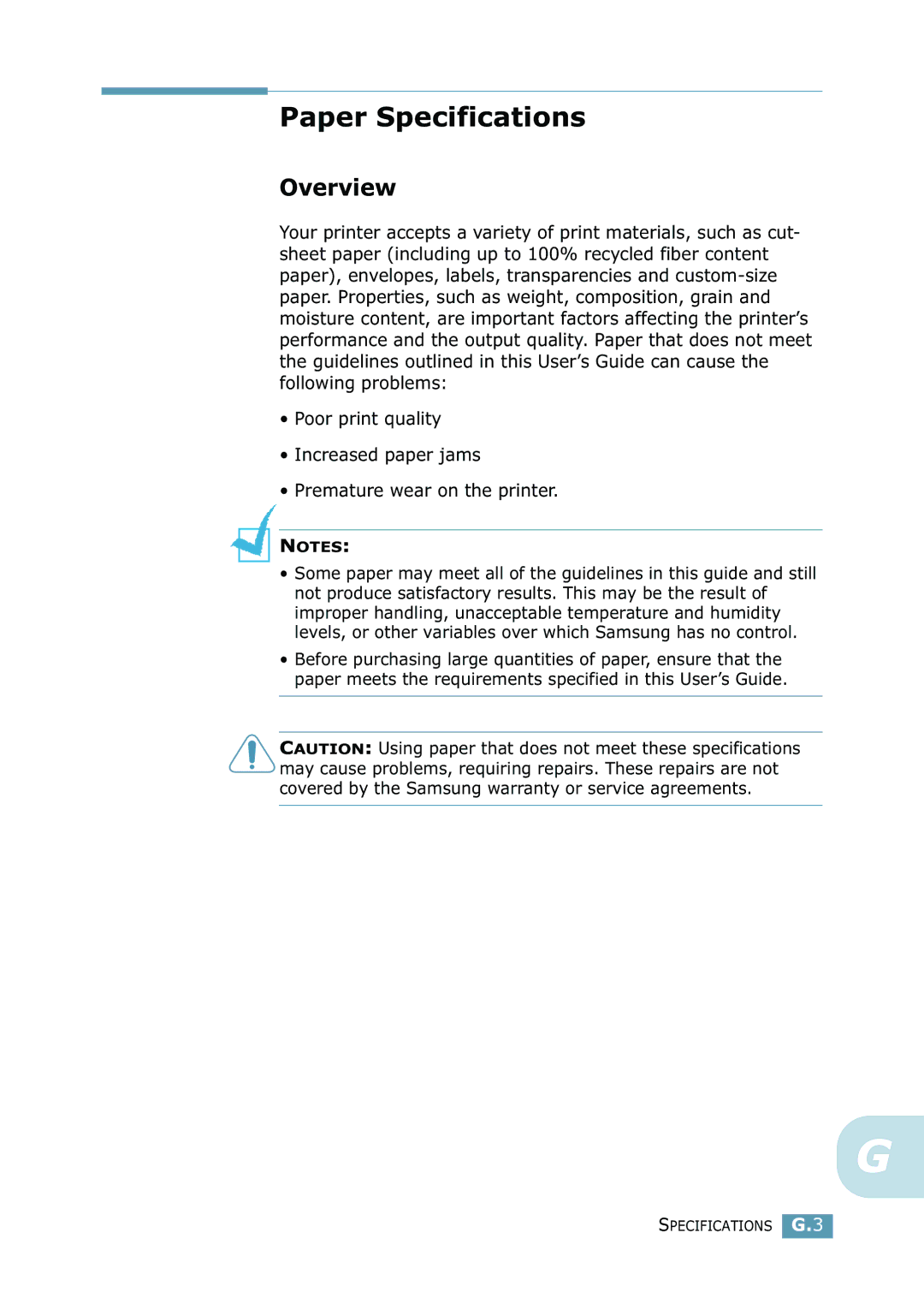 Samsung ML-2550 Series manual Paper Specifications, Overview 