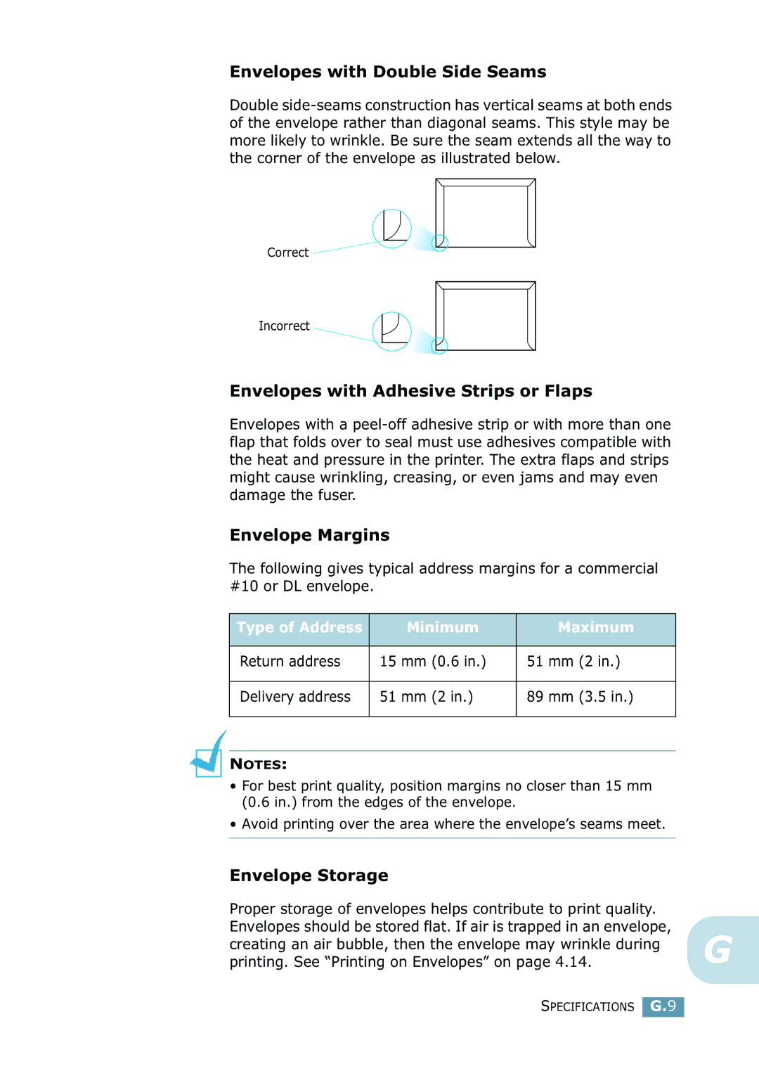 Samsung ML-2550 Series manual Envelopes with Double Side Seams, Envelopes with Adhesive Strips or Flaps, Envelope Margins 