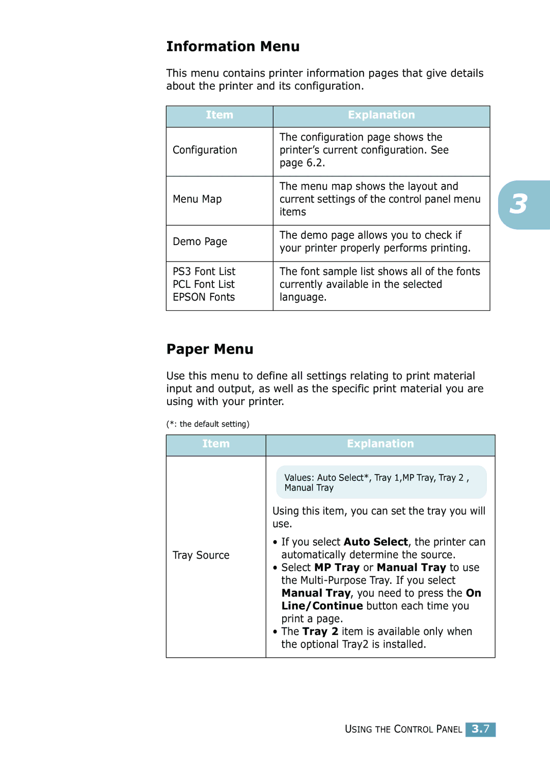 Samsung ML-2550 Series manual Information Menu, Paper Menu, Explanation, Select MP Tray or Manual Tray to use 