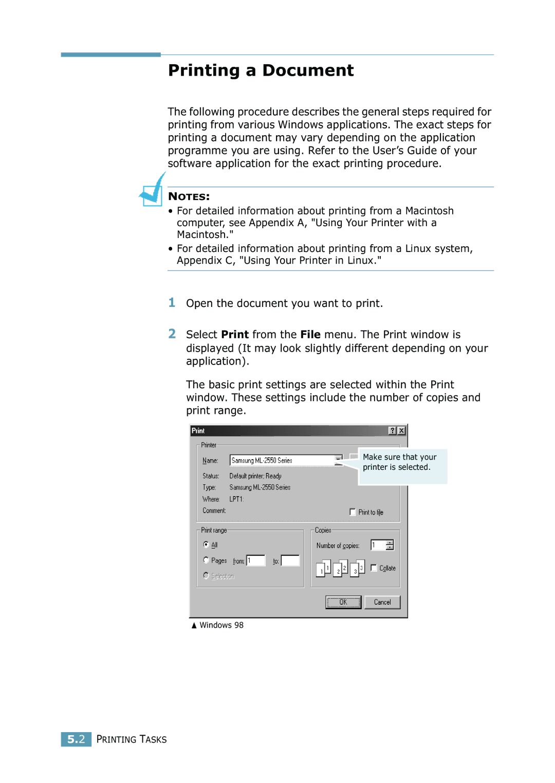 Samsung ML-2550 Series manual Printing a Document 