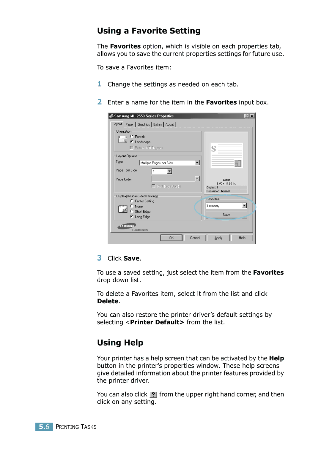 Samsung ML-2550 Series manual Using a Favorite Setting, Using Help 