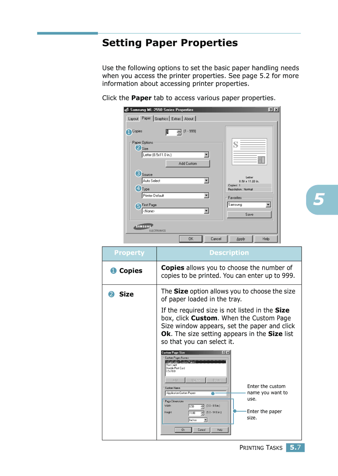 Samsung ML-2550 Series manual Setting Paper Properties, Property Description, Copies, Size, Paper loaded in the tray 