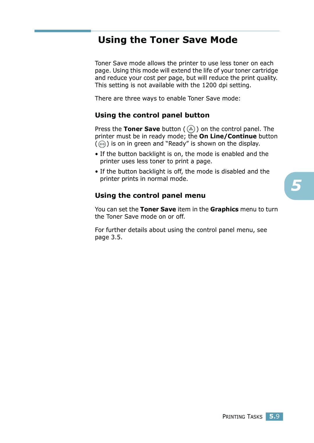 Samsung ML-2550 Series manual Using the Toner Save Mode, Using the control panel button, Using the control panel menu 