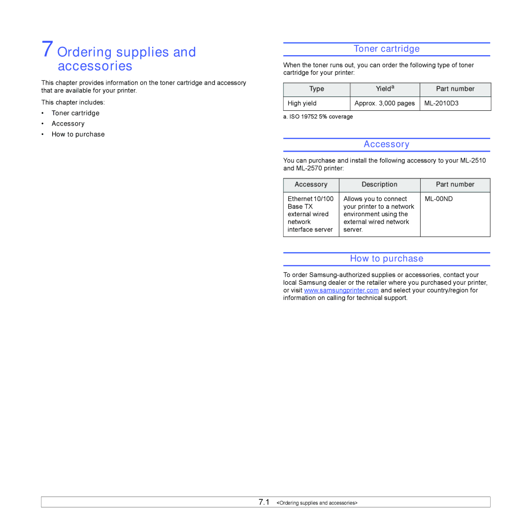 Samsung ML-2570 Series manual Ordering supplies and accessories, Toner cartridge, Accessory, How to purchase 