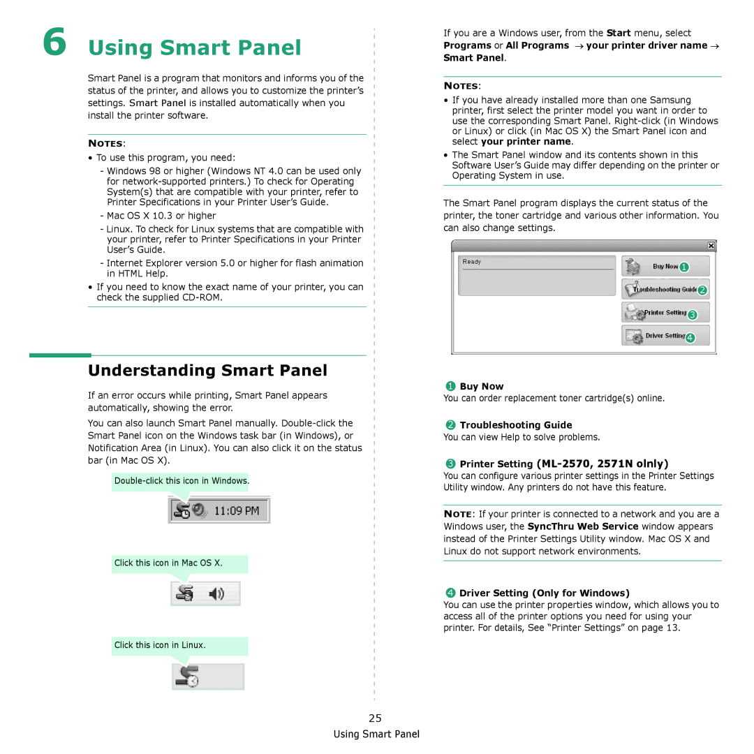 Samsung ML-2570 Series Understanding Smart Panel, Printer Setting ML-2570, 2571N olnly, Buy Now, Troubleshooting Guide 