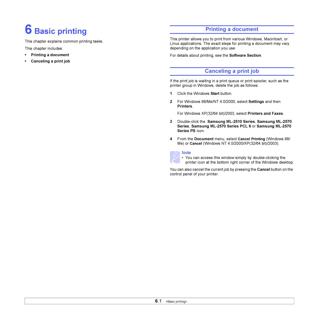 Samsung ML-2570 Series manual Basic printing, Printing a document, Canceling a print job 