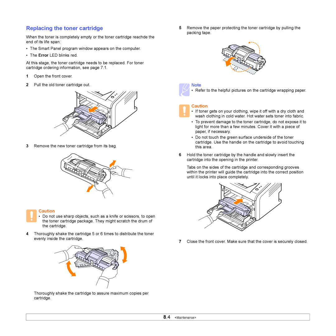 Samsung ML-2570 Series manual Replacing the toner cartridge, Maintenance 